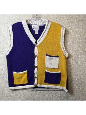 Vintage Christopher & Banks Football Knit Vest L Purple Yellow Colorblock READ